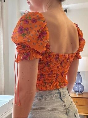 Floral Smocked Puff Sleeve Crop Top - Orange